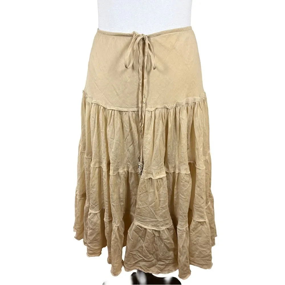 Express Tiered Silk & Cotton Skirt | Beaded Tie Waist | Size Medium | NWT